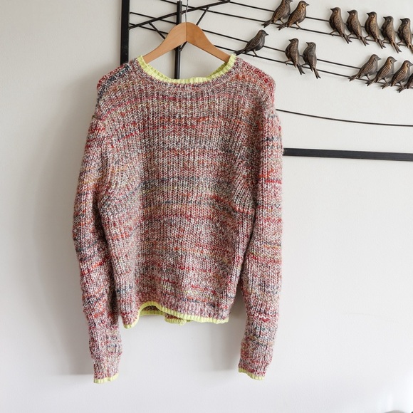 Free People Multicolor Chunky Knit Cardigan Neon Trim Slouchy Fit Size L Boho - Picture 6 of 15